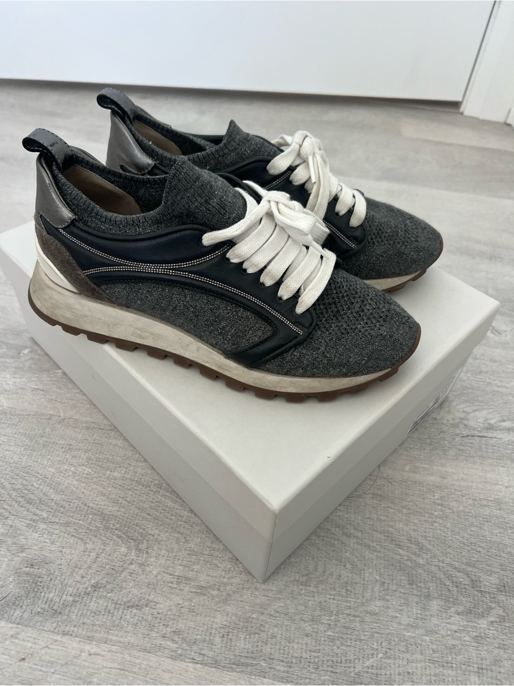 Brunello Cucinelli Charcoal Knit and Black Leather Sneakers with White Laces